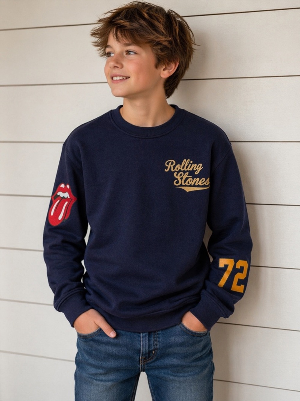 Rolling Stones Tongue Logo Navy Crewneck Sweatshirt | Youth Small